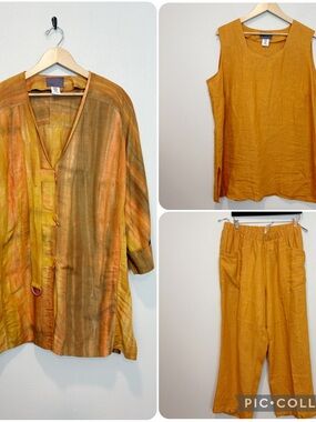 Sempre Piu Mustard Orange Linen Pantsuit Set 3 Piece Lagenlook Size 18